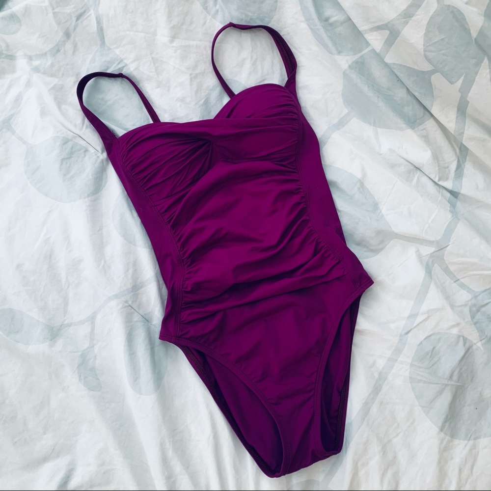 Gorgeous purple La Blanca one piece with ruching